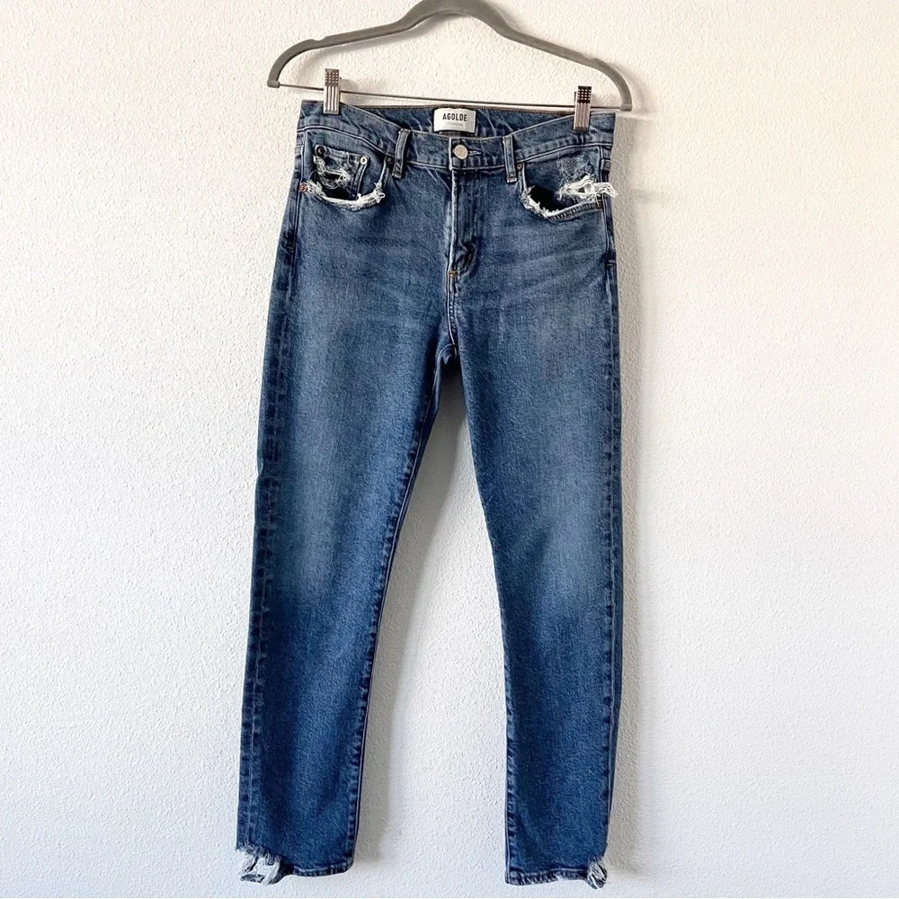 AGOLDE Toni Mid Rise Straight Leg Jeans Viewpoint Wash Distressed Denim - Picture 2 of 8
